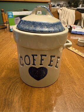 Vintage Stoneware Coffee Canister Blue Heart Speckled Lid" Kitchen Caniste